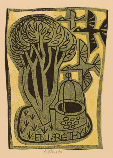 Exlibris by Miroslav Houra from Czech Republic for Dr. Istvan Rethy - Bird Tree 