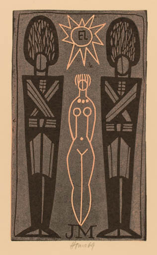 Exlibris by Miroslav Houra from Czech Republic for J. M. - Woman Sun 