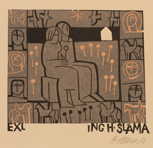 Exlibris by Miroslav Houra from Czech Republic for Ing. H. Sláma - Couple Horseman/Rider 