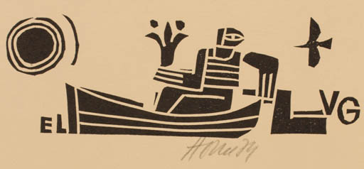 Exlibris by Miroslav Houra from Czech Republic for V. G. - Man Ship/Boat Sun 