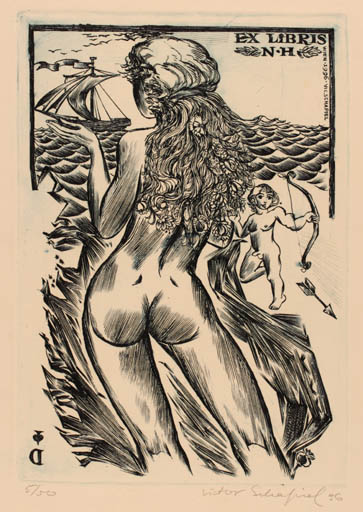 Exlibris by Victor Schapiel from Austria for Dr. Norbert Hillerbrandt - Woman Ship/Boat 