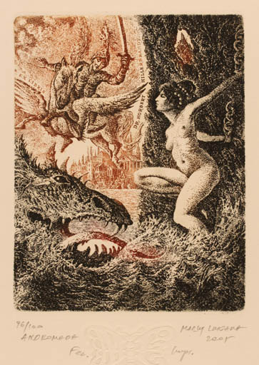 Exlibris by Marius Liugaila from Latvia for Dr. Norbert Hillerbrandt - Fable Animal Woman Mythology Nude Pegasus Surrealism 