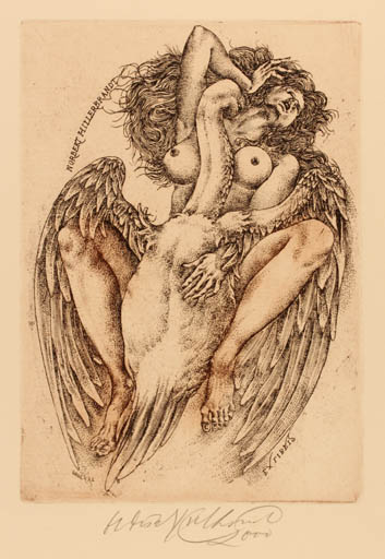 Exlibris by Oldrich Kulhánek from Czech Republic for Dr. Norbert Hillerbrandt - Leda and the Swan 