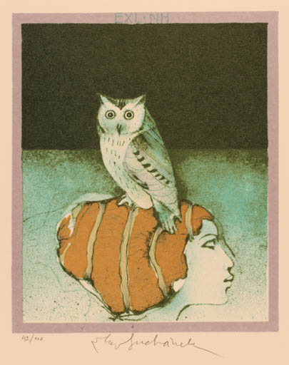 Exlibris by Vladimir Suchanek from Czech Republic for Dr. Norbert Hillerbrandt - Owl 