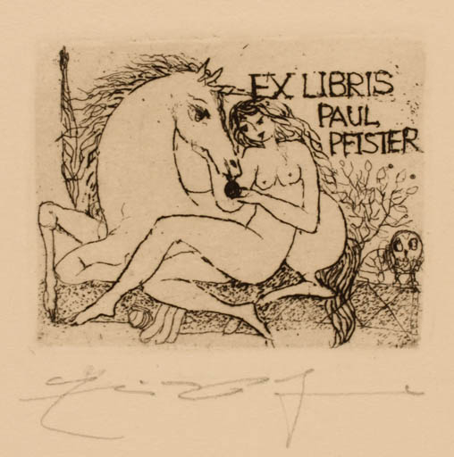 Exlibris by Elfriede Weidenhaus from Germany for Paul Pfister - Unicorn Woman 