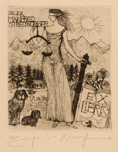 Exlibris by Elfriede Weidenhaus from Germany for Manfred Streitbörger - Dog Law Sun 