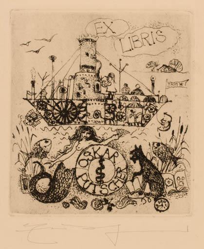 Exlibris by Elfriede Weidenhaus from Germany for Oskar Putscher - Fauna Mermaid Maritime Ship/Boat 