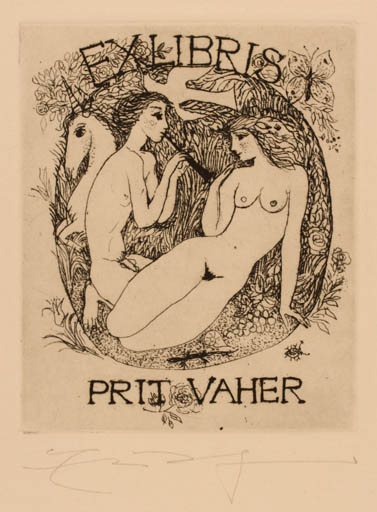 Exlibris by Elfriede Weidenhaus from Germany for Priit Vaher - Unicorn Couple Romance 