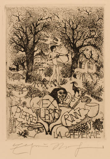 Exlibris by Elfriede Weidenhaus from Germany for Pierre Rinn - Fauna Scenery/Landscape Man 