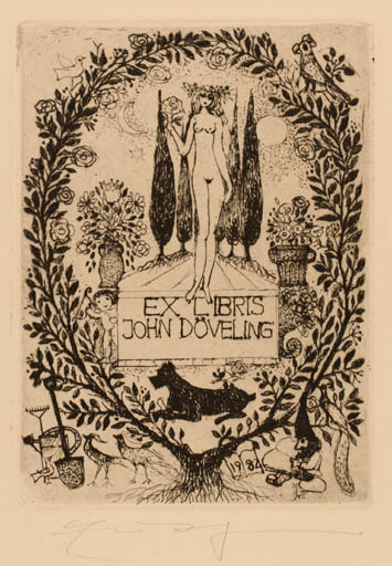 Exlibris by Elfriede Weidenhaus from Germany for John Döveling - Flora Dog Woman 