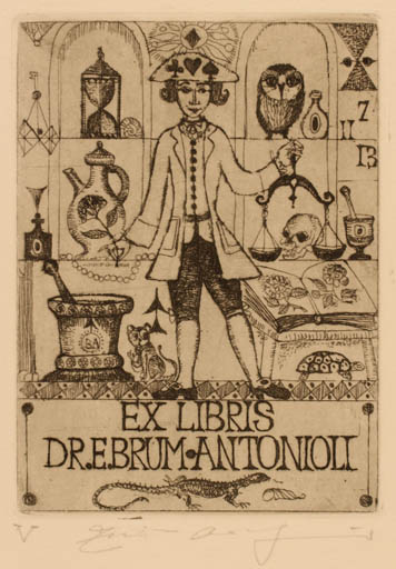 Exlibris by Elfriede Weidenhaus from Germany for E. Brum. Antonioli - Medicine 