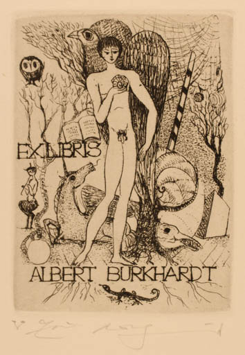 Exlibris by Elfriede Weidenhaus from Germany for Albert Burkhardt - Fable Animal Man Pan/Faun Owl 