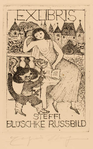 Exlibris by Elfriede Weidenhaus from Germany for Steffi Blüschke Russbild - Fairytale/fable Cat Woman 