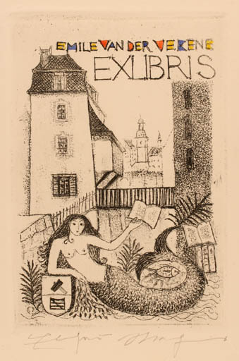 Exlibris by Elfriede Weidenhaus from Germany for Emile van der Vekene - City Mermaid 