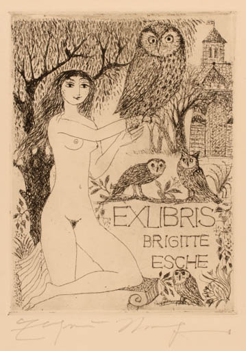 Exlibris by Elfriede Weidenhaus from Germany for Brigitte Esche - Woman Owl 