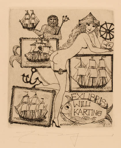 Exlibris by Elfriede Weidenhaus from Germany for Willi Karting - Woman Maritime Ship/Boat 