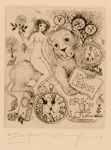 Exlibris by Elfriede Weidenhaus from Germany for Erik Ulf Lotz - Fauna Woman 