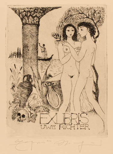 Exlibris by Elfriede Weidenhaus from Germany for Uwe Richter - Couple Romance 