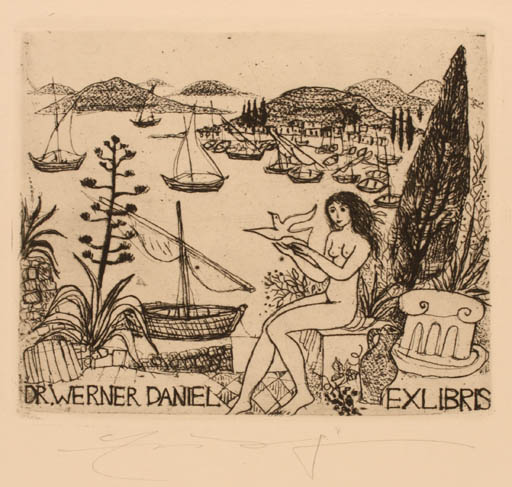 Exlibris by Elfriede Weidenhaus from Germany for Dr. Werner Daniel - Woman Scenery/Landscape Ship/Boat 