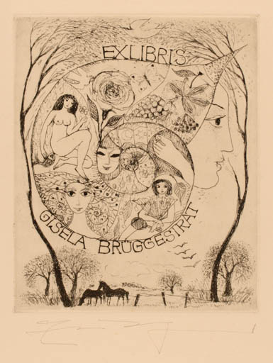 Exlibris by Elfriede Weidenhaus from Germany for Gisela Brüggestrat - Woman Scenery/Landscape 