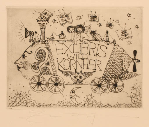 Exlibris by Elfriede Weidenhaus from Germany for Willi Kornher - Surrealism 