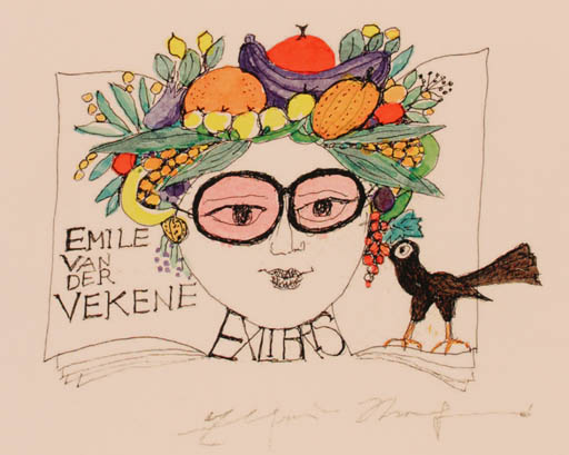 Exlibris by Elfriede Weidenhaus from Germany for Emile van der Vekene - Fruit Bird Portrait 