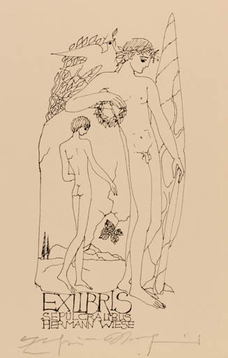 Exlibris by Elfriede Weidenhaus from Germany for Dr. Hermann Wiese - Man Nude 