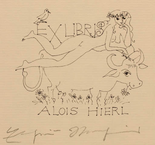 Exlibris by Elfriede Weidenhaus from Germany for Alois Hierl - Fauna Woman 