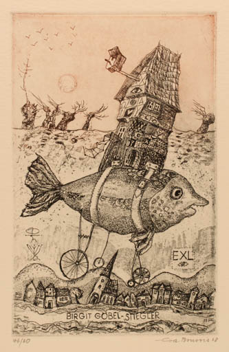 Exlibris by Eva Bruszis from Germany for Birgit Göbel-Stiegler - City Fish Surrealism 