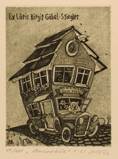 Exlibris by Andrij Kens from Ukraine for Birgit Göbel-Stiegler - Car Surrealism 