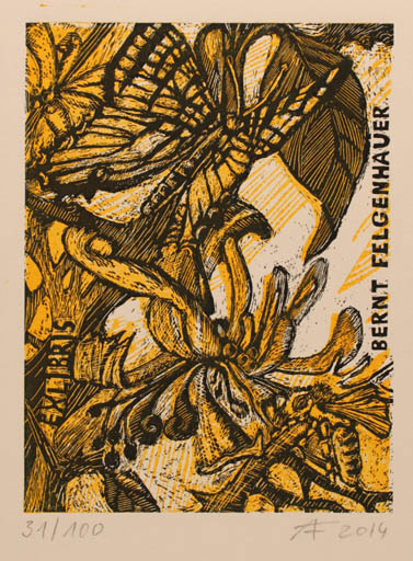 Exlibris by Annette Fritzsch from Germany for Dr. Bernt Felgenhauer - Flower Insect Butterfly 