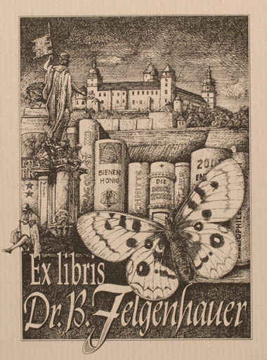 Exlibris by Klaus Christof Kitzinger from Germany for Dr. Bernt Felgenhauer - Book Castle/Palace Butterfly 