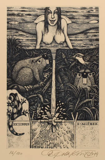 Exlibris by Dusan Polacovic from Slovak Republic for Stanislav Mlýnek - Fauna Woman 