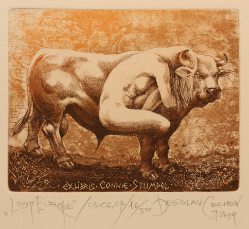 Exlibris by Denislav Gechev from Bulgaria for Connie Stumpel - Europa and the Bull Fauna 