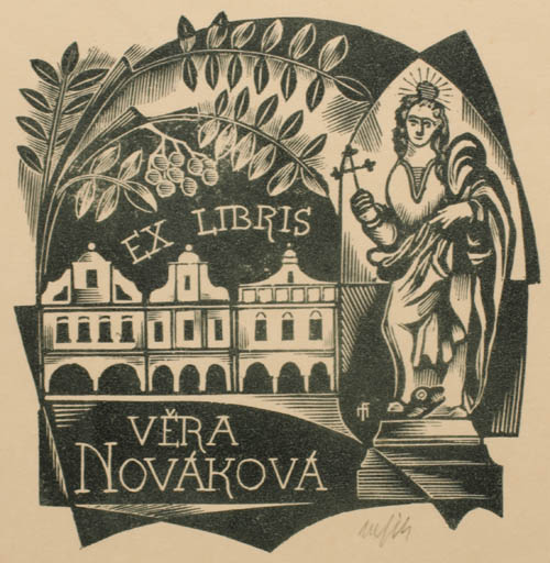 Exlibris by Dr. Otakar Marik from Czech Republic for Vera Novakova - Architecture Flora Religion 