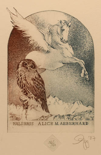 Exlibris by Olaf Gropp from Germany for Alice M. Aeberhard - Pegasus Owl 