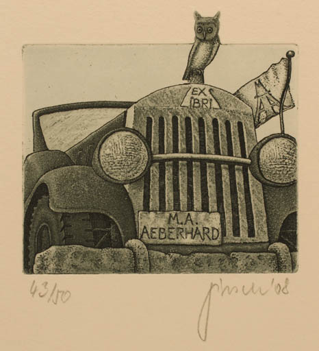 Exlibris by Axel Jirsch from Germany for Alice M. Aeberhard - Car Owl 