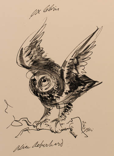 Exlibris by Hans Erni from Schwitzerland for Alice M. Aeberhard - Owl 