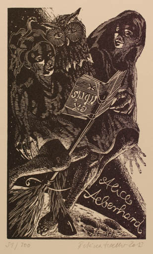 Exlibris by Bettina Haller from Germany for Alice M. Aeberhard - Woman Owl 