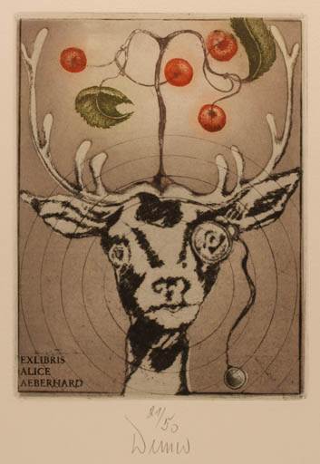 Exlibris by Josef Werner from Germany for Alice M. Aeberhard - Fauna Fruit Literature 