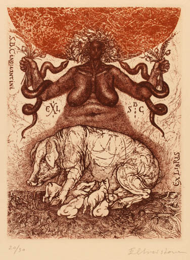 Exlibris by Evgeniya Hristova from Bulgaria for Sante Benito Cinquantini - Fauna 