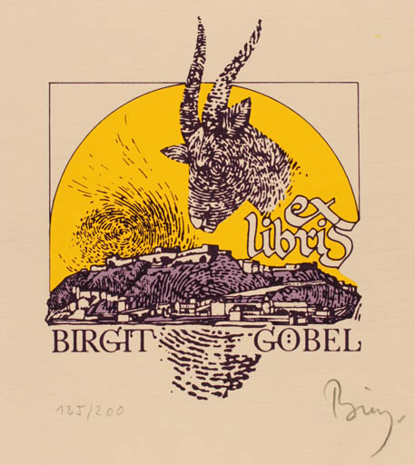 Exlibris by Walter Binz from Germany for Birgit Göbel-Stiegler - Mountain City Fauna 