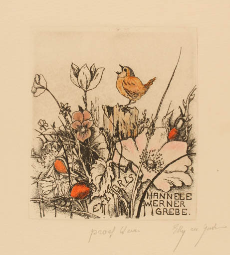 Exlibris by Elly de Koster from Netherland for Hannele & Werner Grebe - Flora Bird 