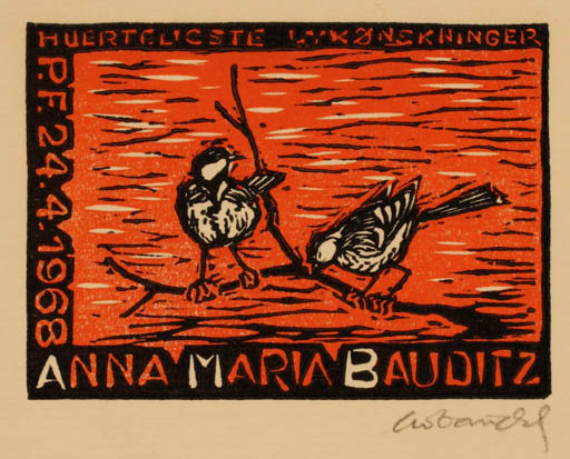 Exlibris by Chr. W. Bauditz from Denmark for Anna Maria Bauditz - Bird 