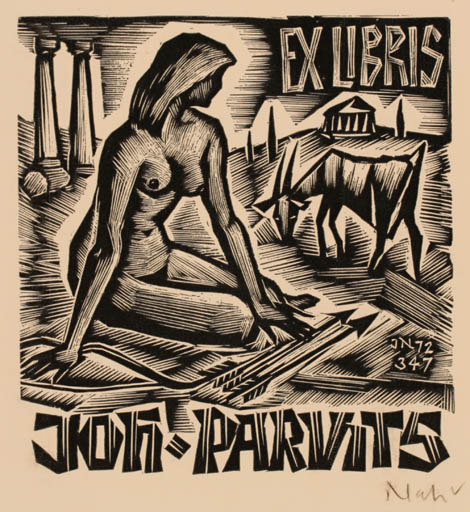 Exlibris by Johann Naha from Germany for Johannes Parvits - Woman Mythology Nude 