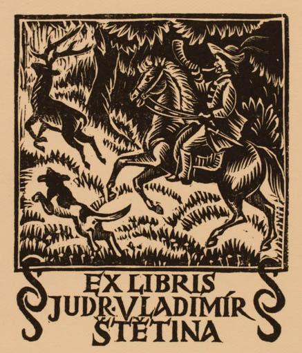 Exlibris by Michal Florian from Czech Republic for Vladimir Stetina - Horse Dog Sport/game 