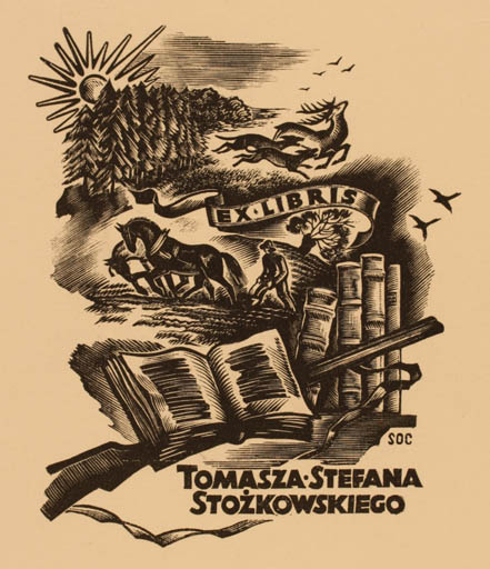 Exlibris by Stanislaw Ostoja Chrostowski from Poland for Tomasza Stefana Stozkowskiego - Book Fauna Horse Sun 
