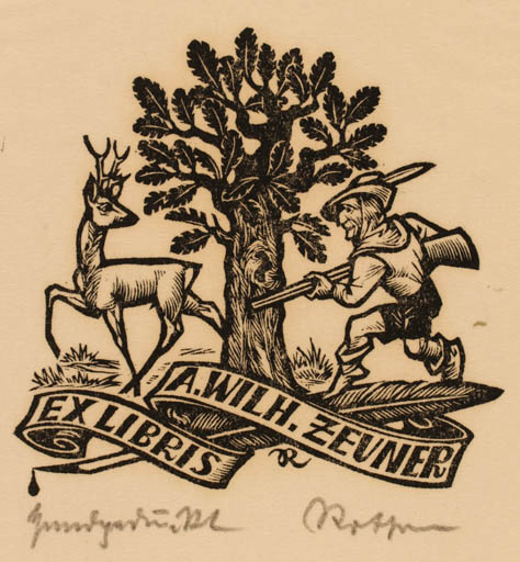 Exlibris by Richard Rother from Germany for A. Wilh. Zeuner - Fauna Sport/game Tree 