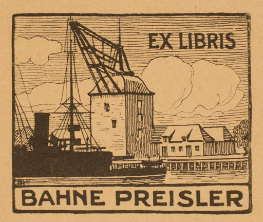 Exlibris by Jens Peter Bie from Denmark for Bahne Preisler - City Military/War Ship/Boat 
