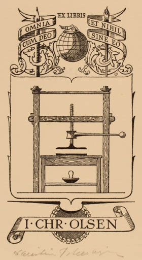 Exlibris by Christian Blæsbjerg from Denmark for I Chr. Olsen - Globe Printing technique 